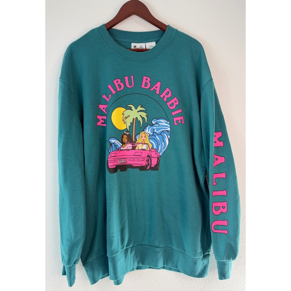Barbie Sweatshirt Malibu Graphic Cotton Blend Teal Pink Spell Out Logo Casual